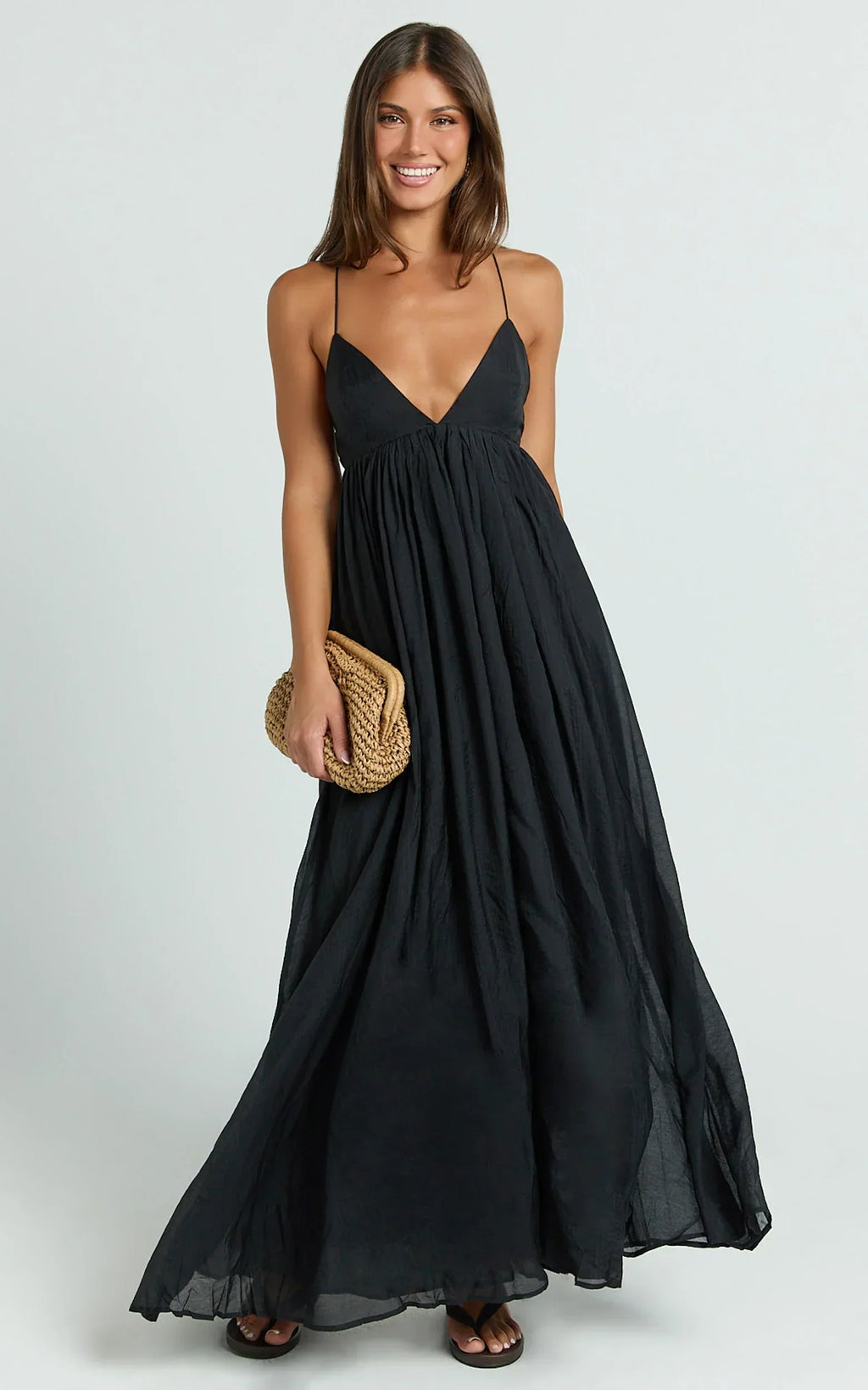 Kourtney Maxi Dress - Plunge V Neck Fit And Flare Dress In Black
