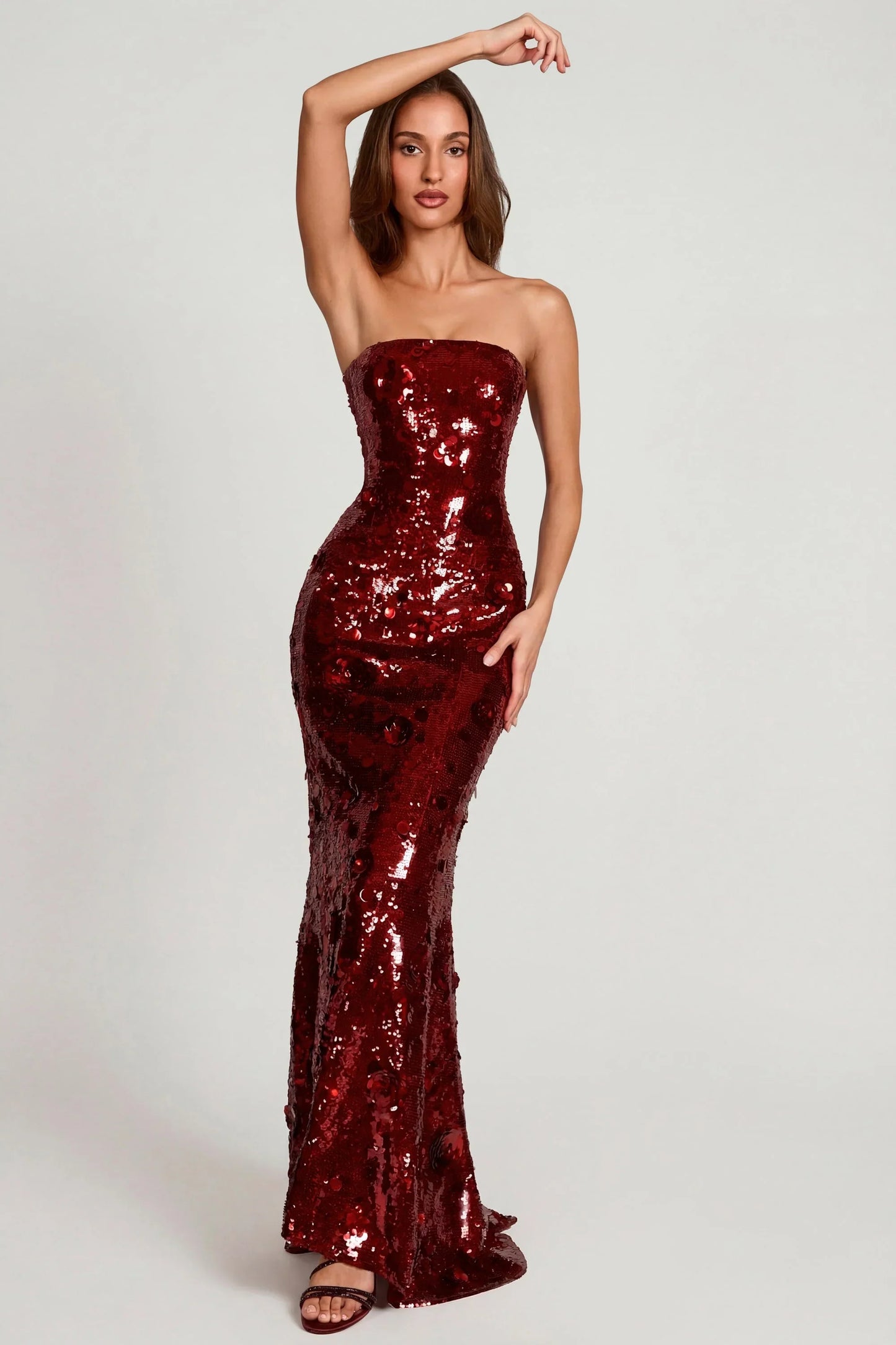 3D Embellished Bandeau Maxi Dress In Red