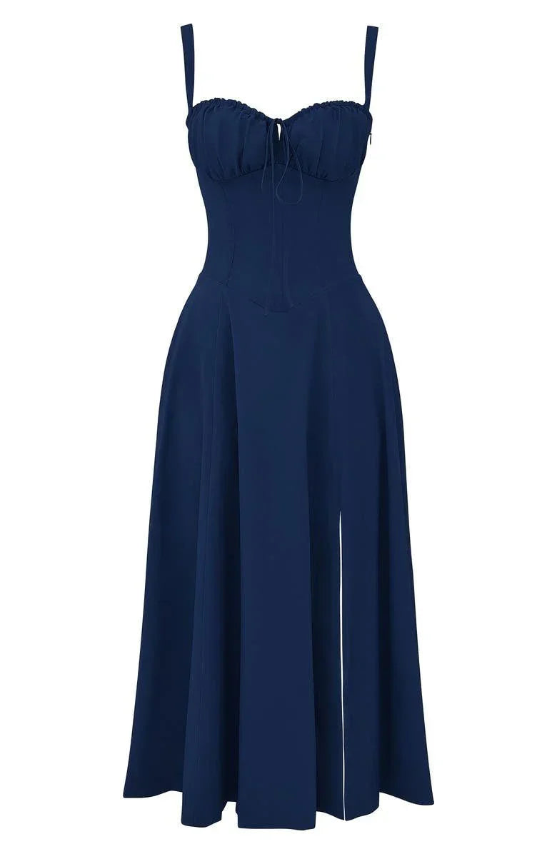 Corset Midi Dress – Tailored Waist And Flowing Skirt