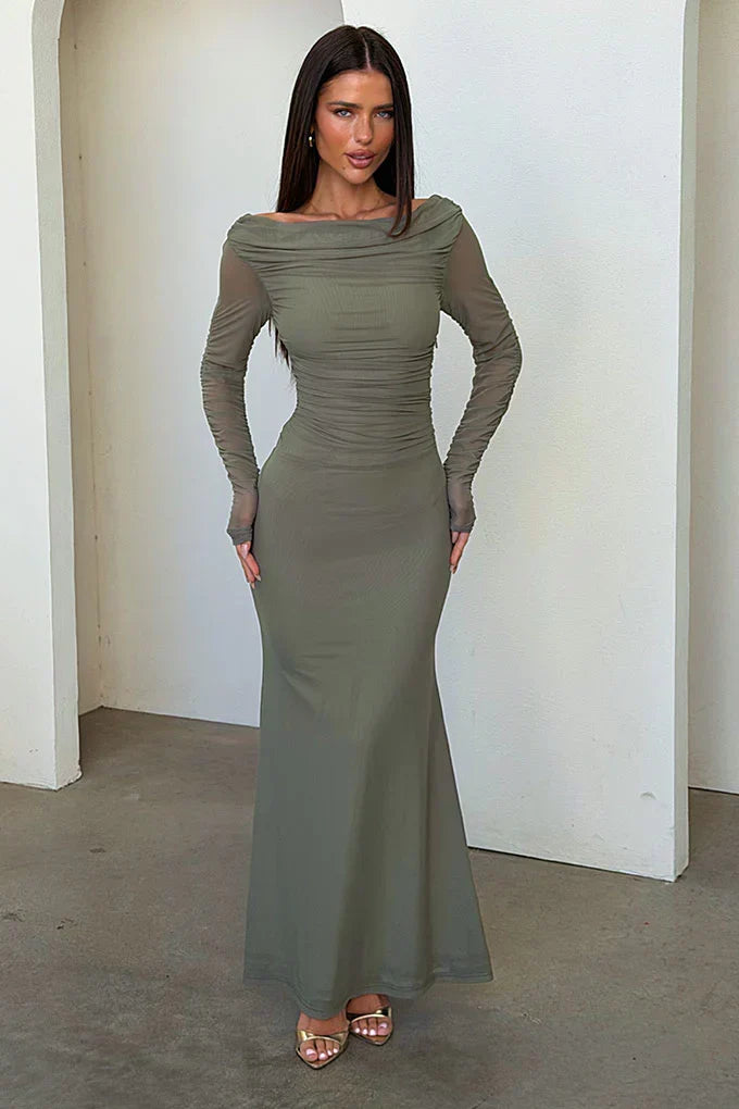 Rowan Long Sleeve Mesh Maxi Dress - Khaki