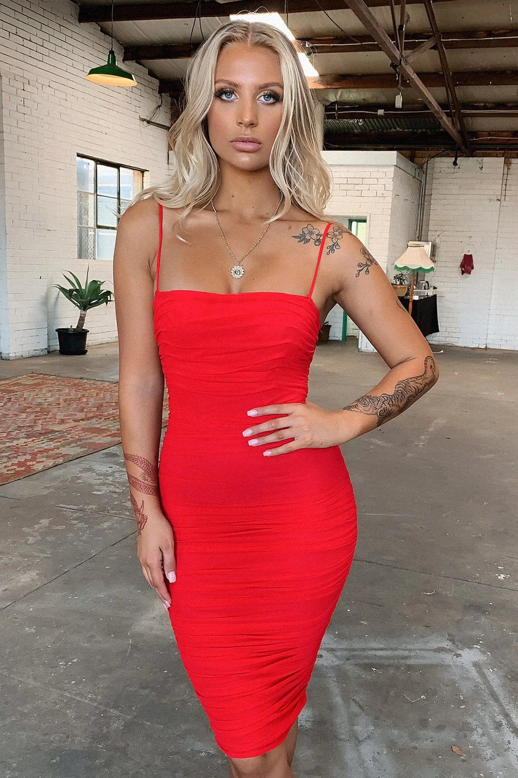 Zena Mesh Midi Dress - Red