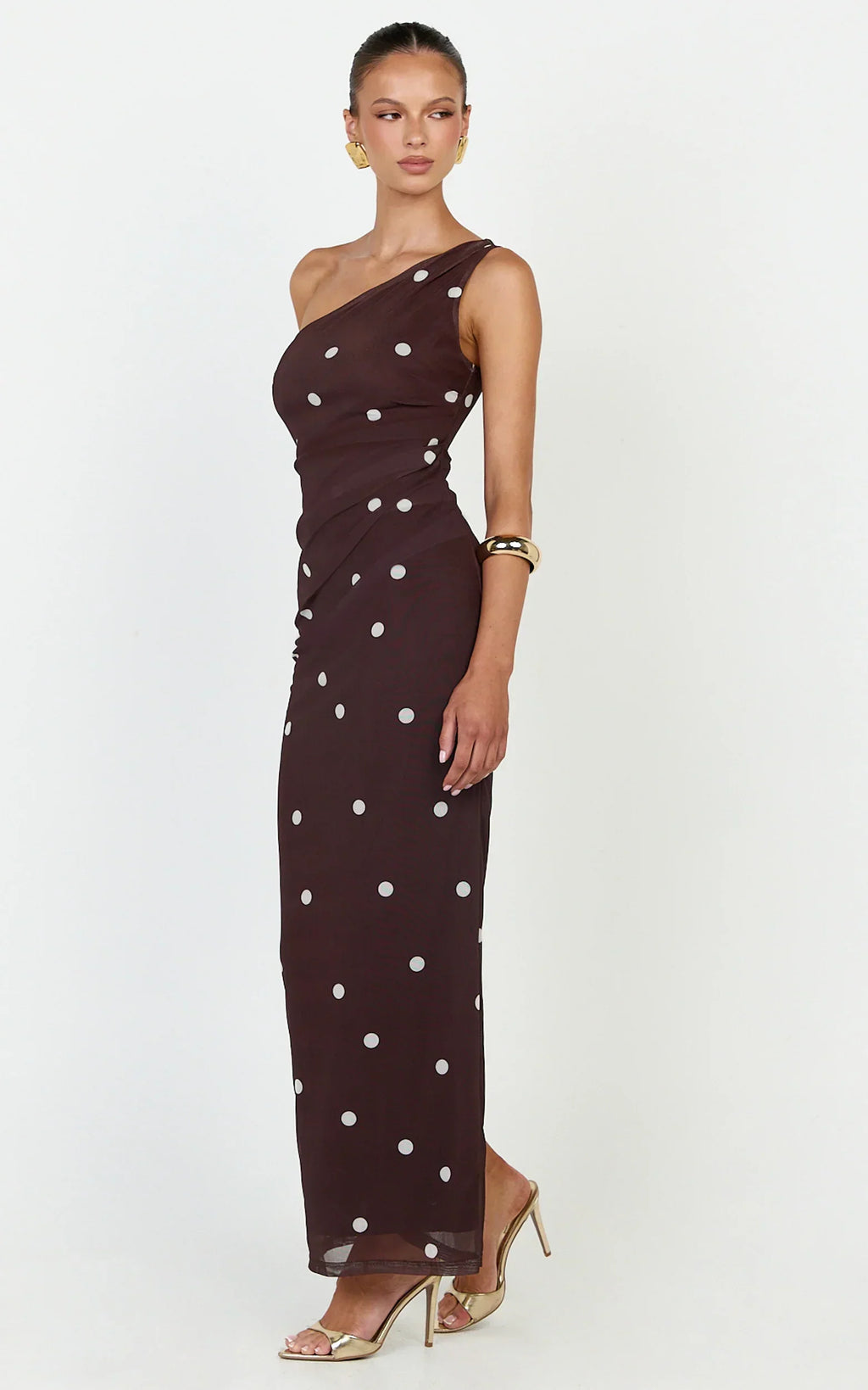 Criselda Maxi Dress - One Shoulder Maxi Dress In Chocolate Polkadot