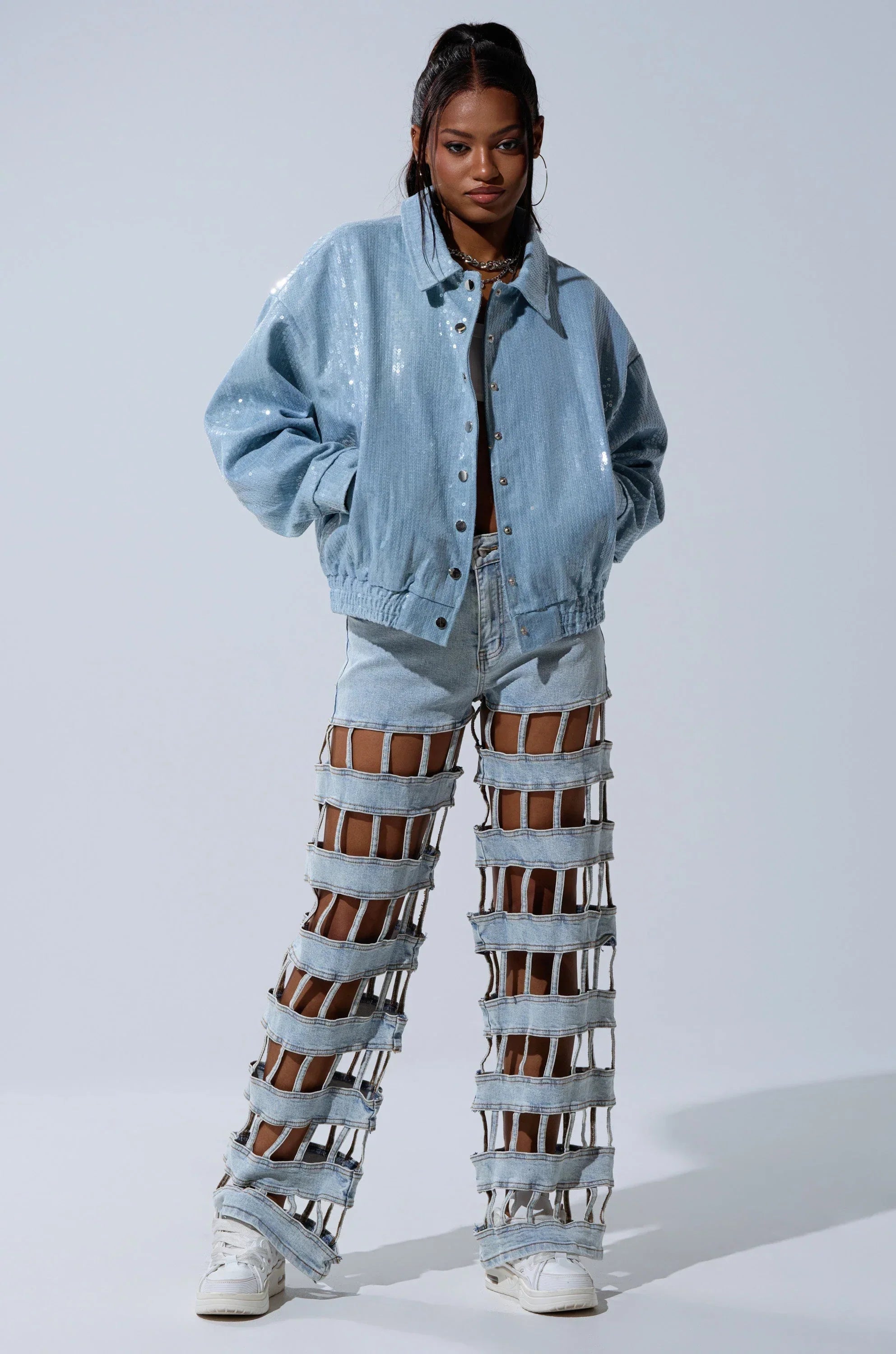 Sequin Overlay Denim Bomber