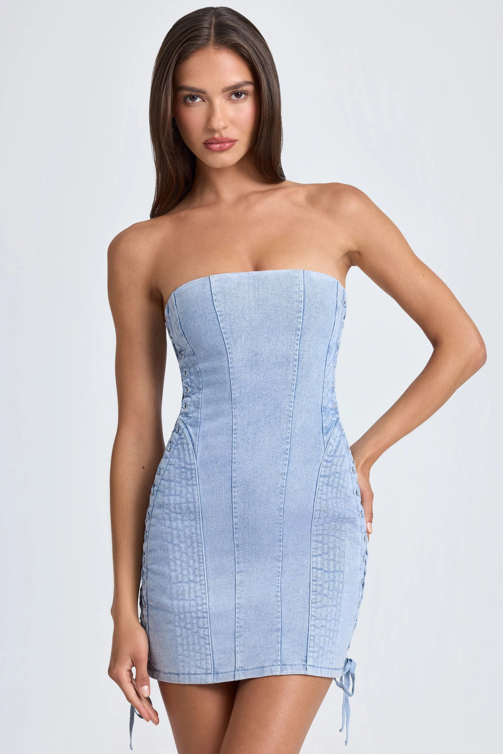 Bandeau Lace-Up Mini Dress In Light Blue Stonewash