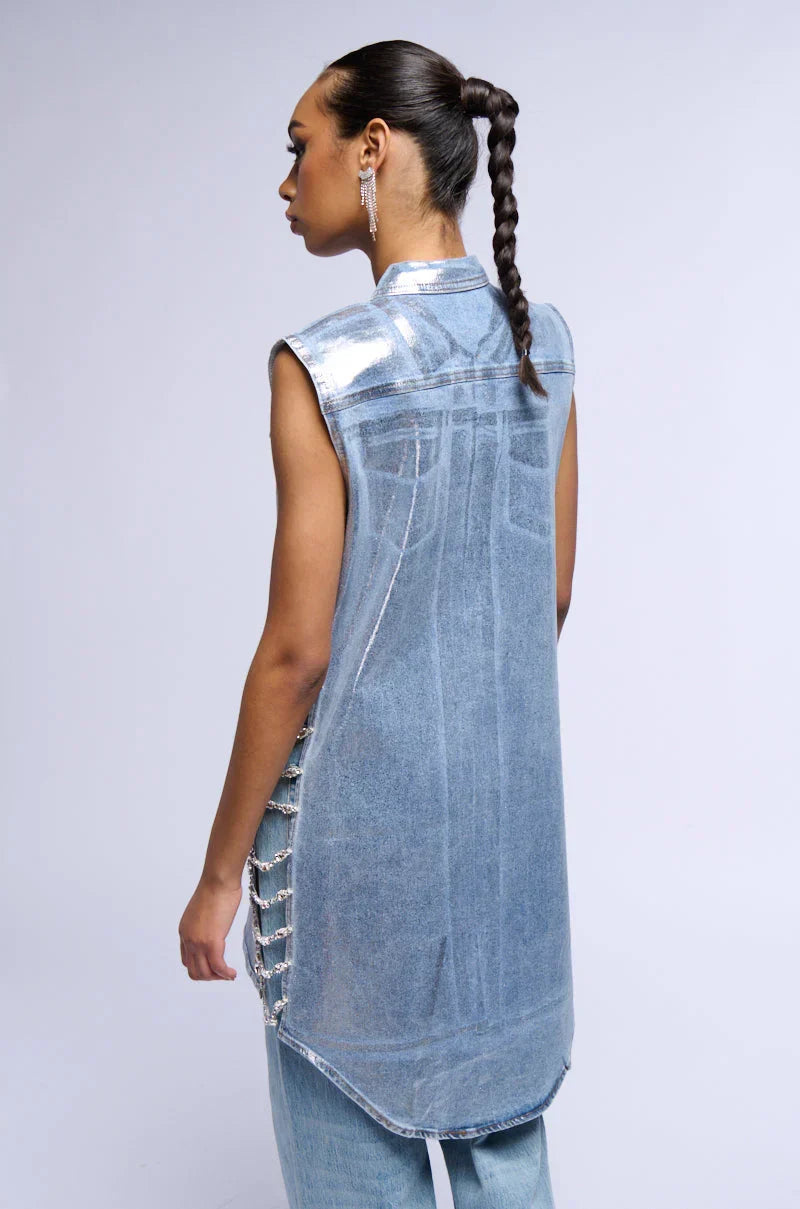 Vegas Rhinestone Trim Metallic Denim Vest