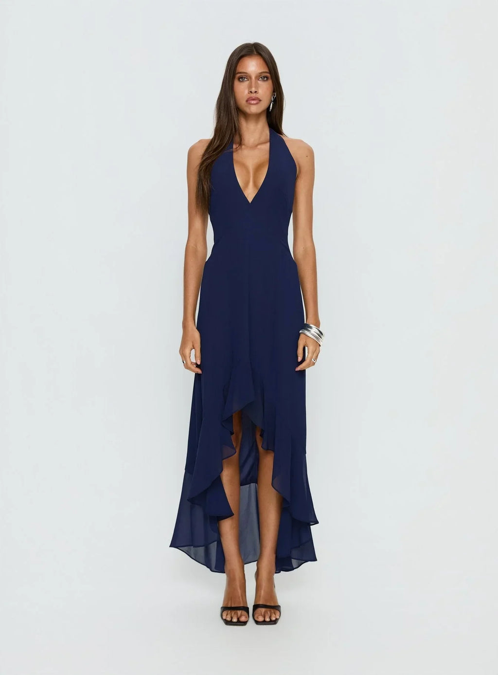 Agata Halter Frill Maxi Dress Navy