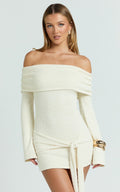 Rhianna Mini Dress - Knitted Off Shoulder Tie Waist Mini Dress In Cream
