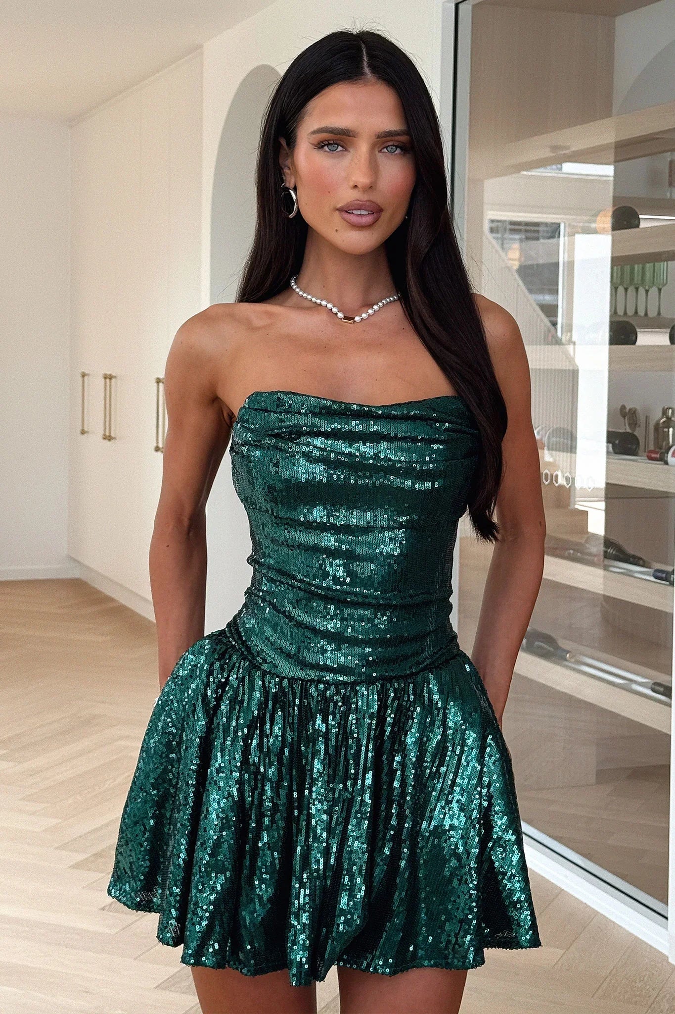 Ezrie Strapless Sequin Mini Dress - Emerald