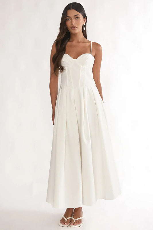 Kearsy Box Pleat Sweetheart Neckline Midi Dress White
