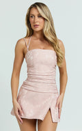 Ellis Mini Dress - Ruched Side Straight Neck Wrap Dress In Dusty Pink