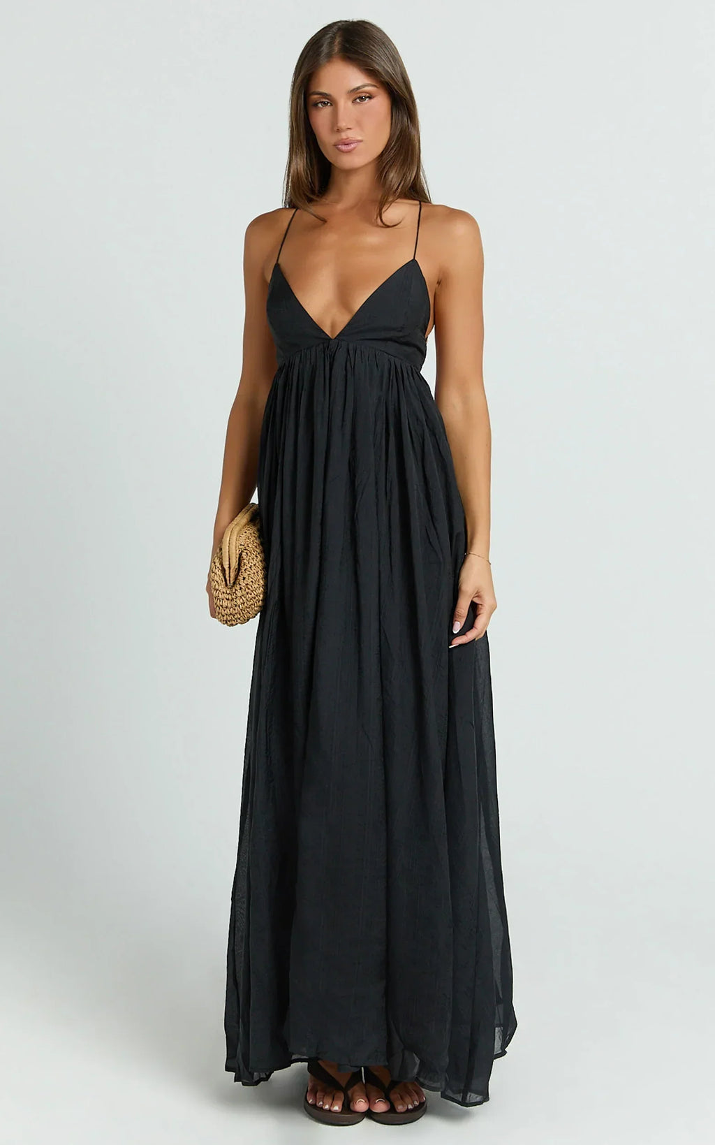 Kourtney Maxi Dress - Plunge V Neck Fit And Flare Dress In Black