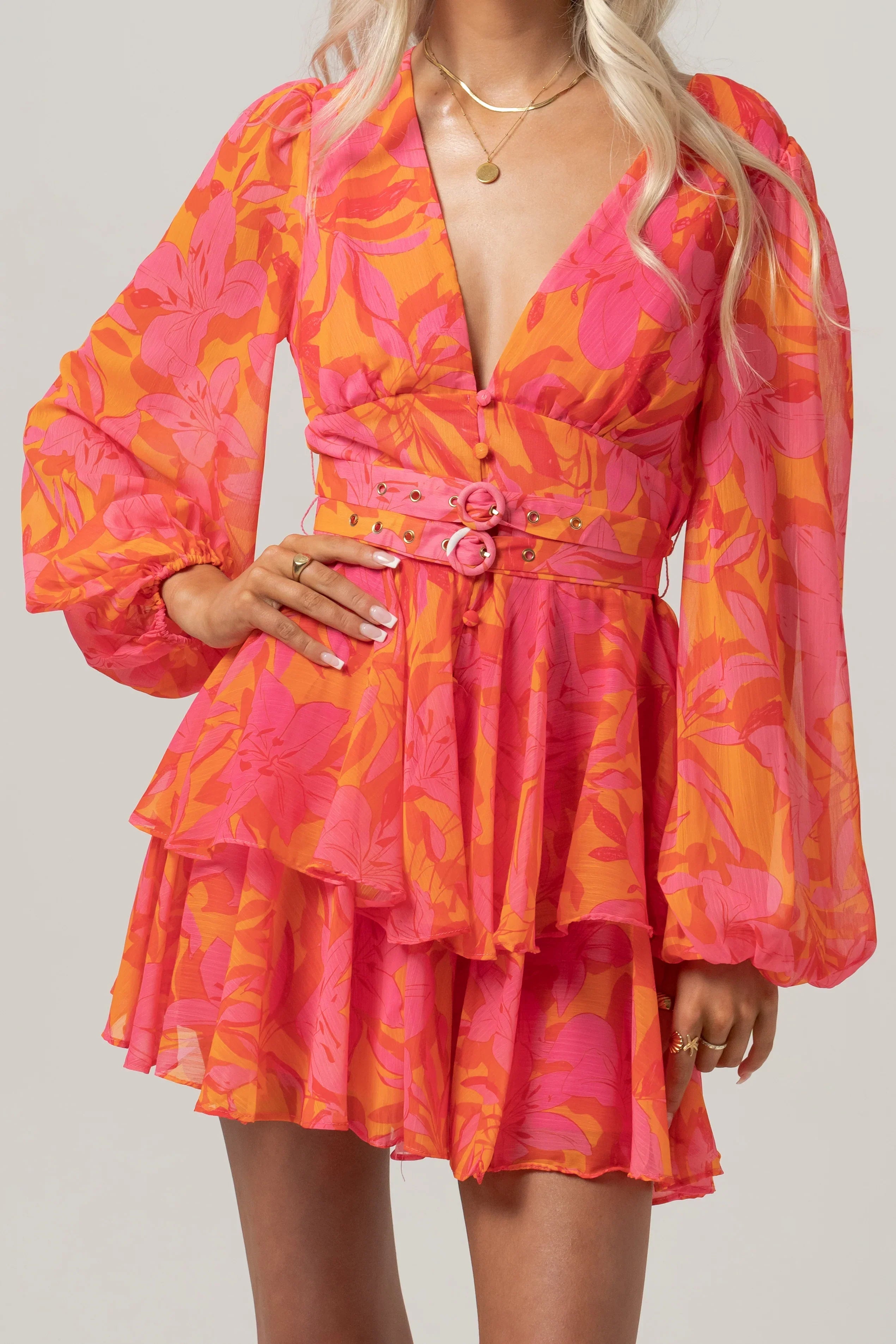 Paige Long Sleeve Mini Dress With Double Belts
