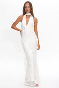 Cipriana Backless Halter Maxi Dress Embellished Floral White