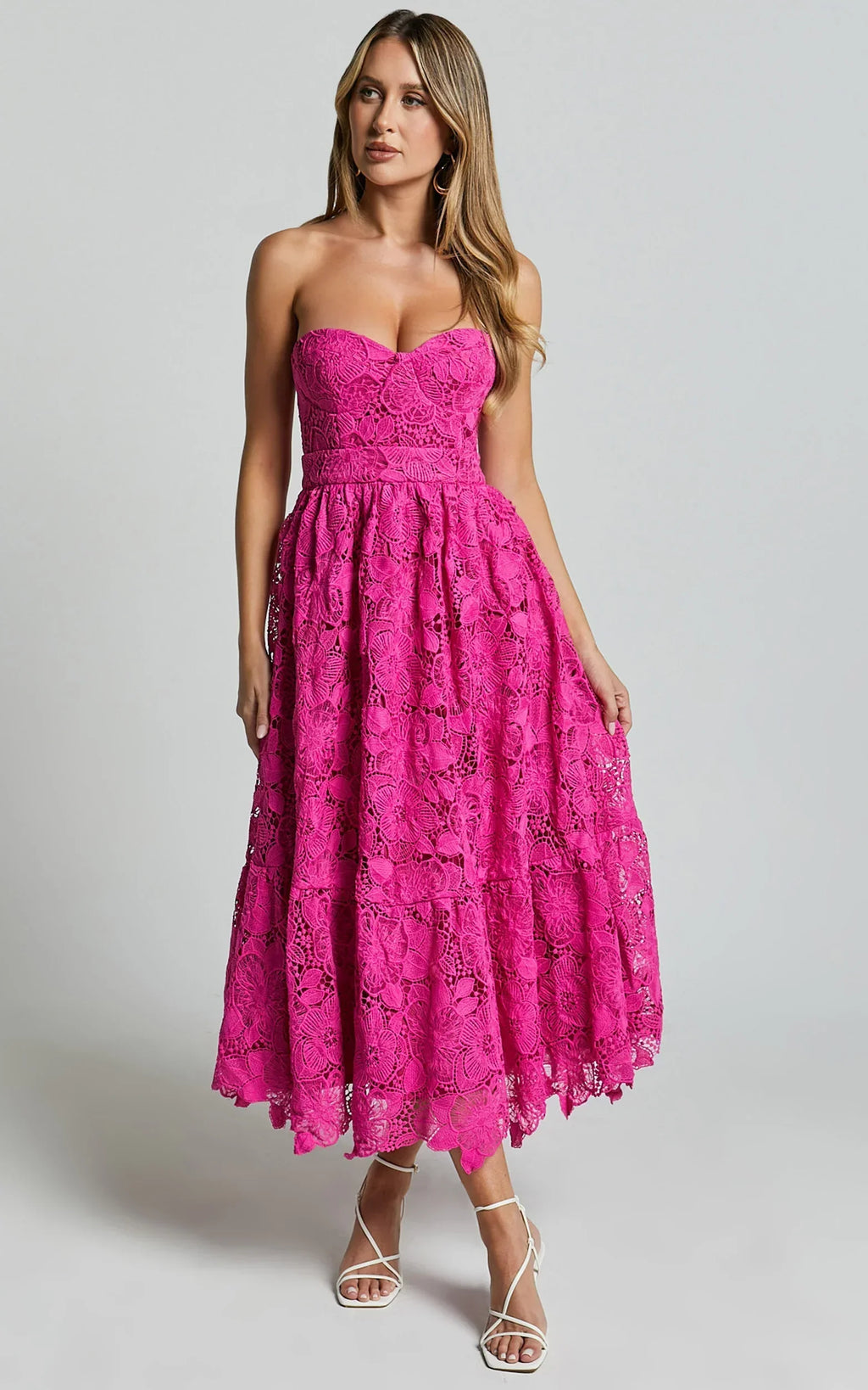 Gabriela Midi Dress - Strapless Lace Dress In Magenta