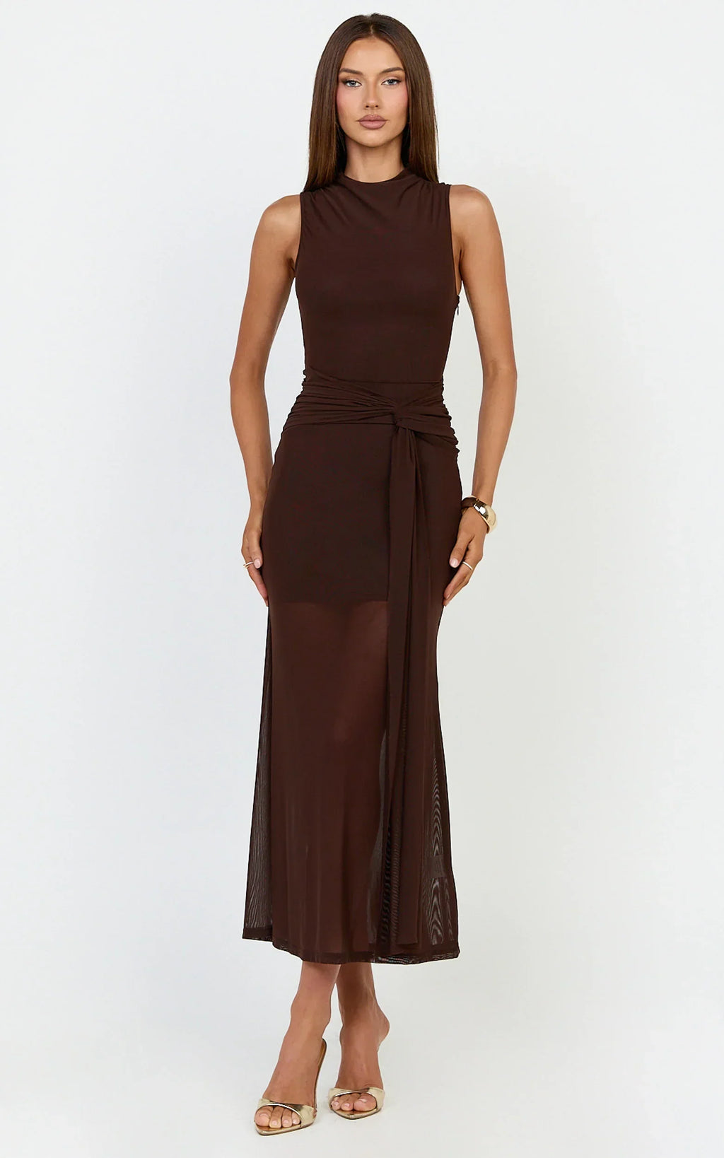 Jaimae Midi Dress - High Neck Side Knot Detail Mesh Dress In Chocolate