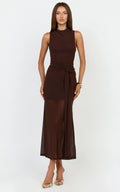 Jaimae Midi Dress - High Neck Side Knot Detail Mesh Dress In Chocolate