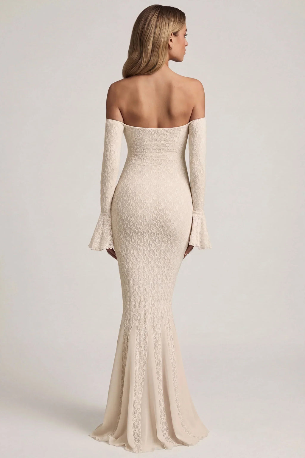 Off-Shoulder Ruffle Lace Maxi Dress In Ivory