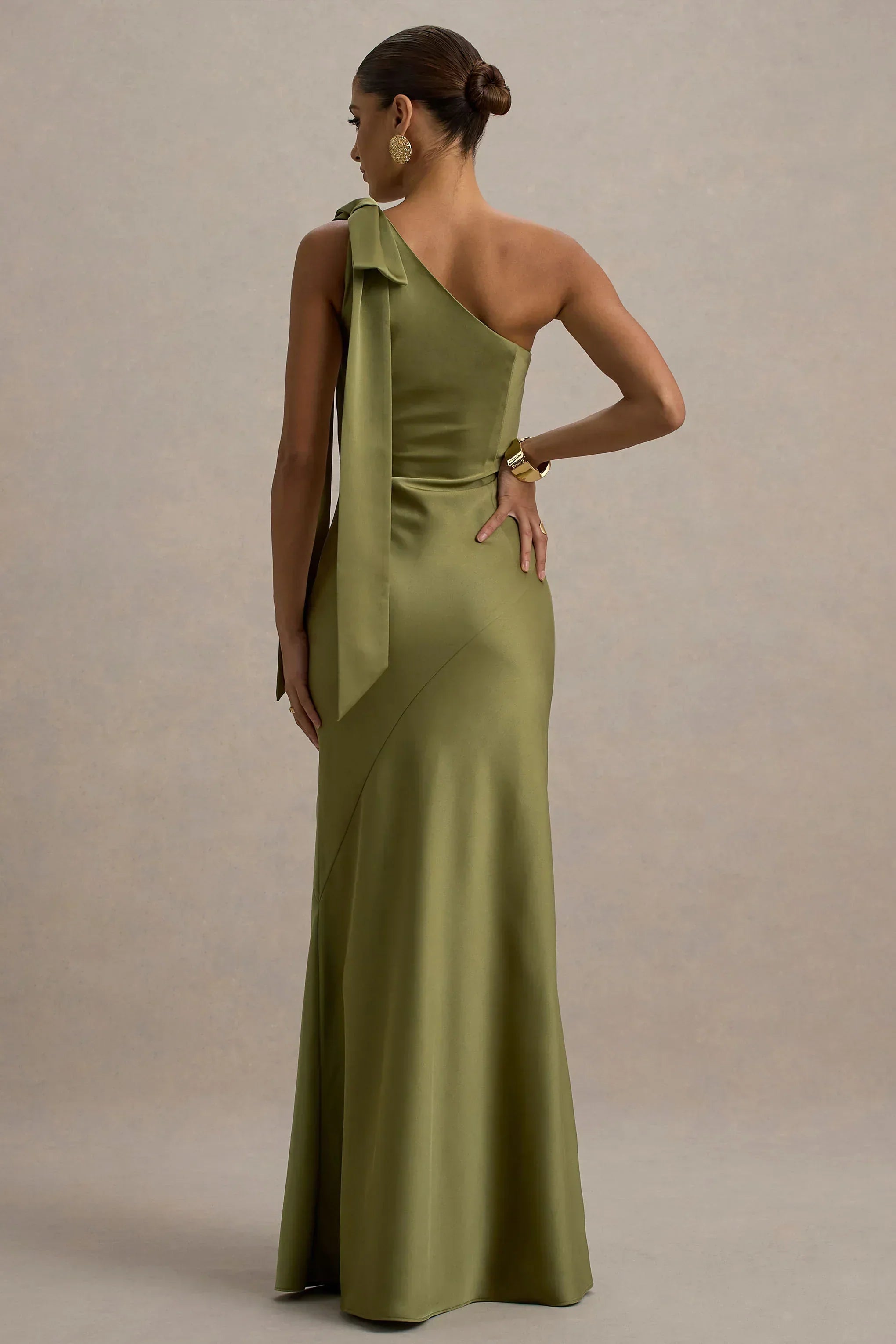Here For Love | Khaki Satin Asymmetric Maxi Dress With Bow