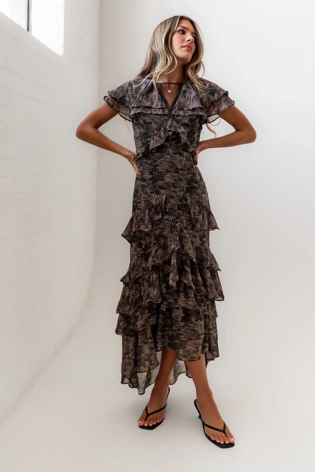 James Ruffle Maxi Dress In Grey