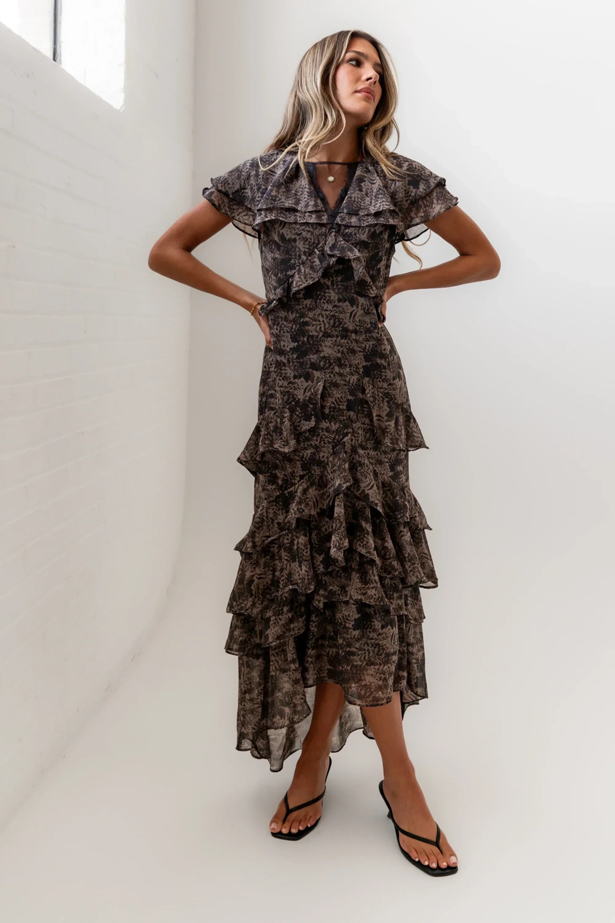 James Ruffle Maxi Dress In Grey