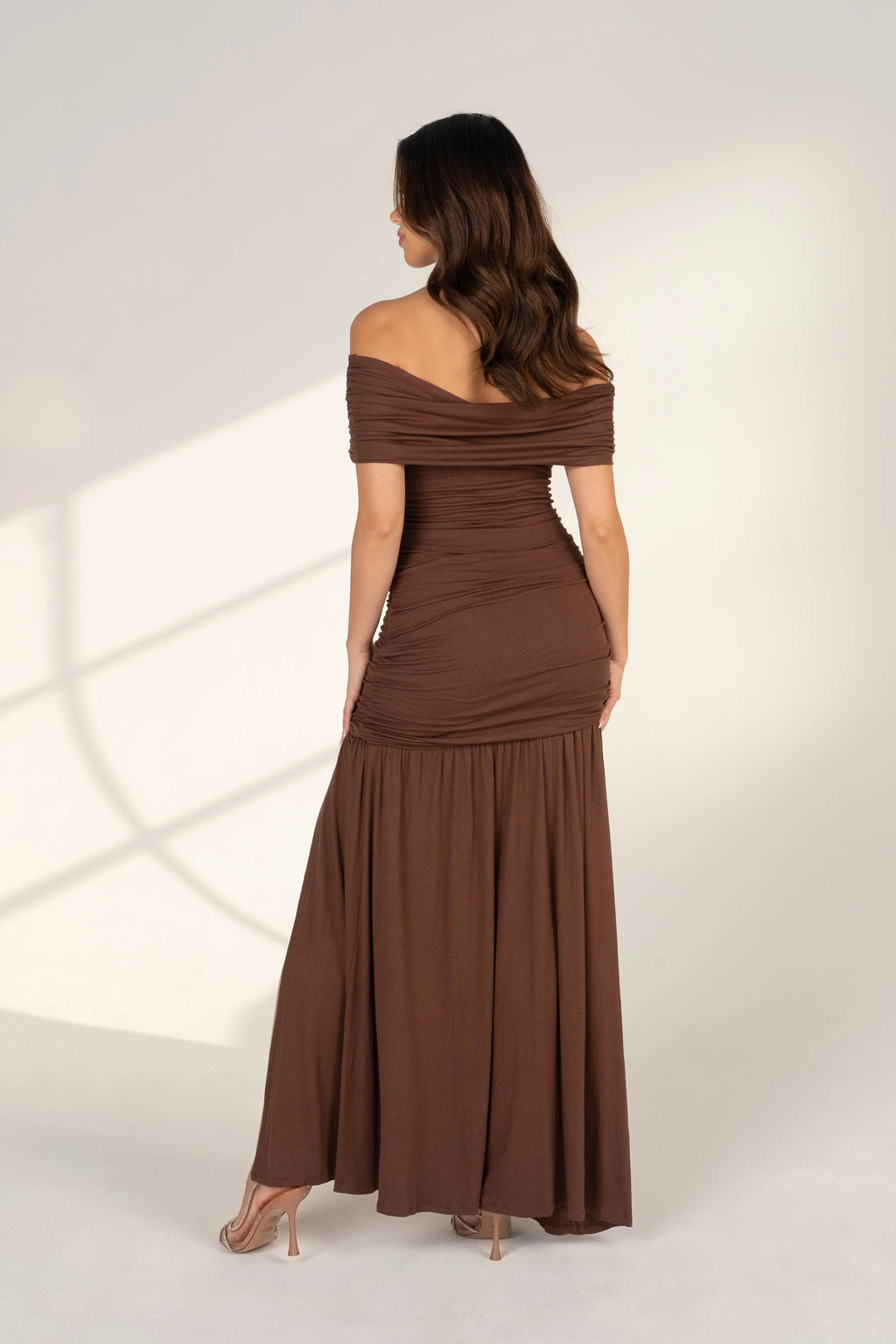 Marceline Off-Shoulder Chocolate Maxi Dress
