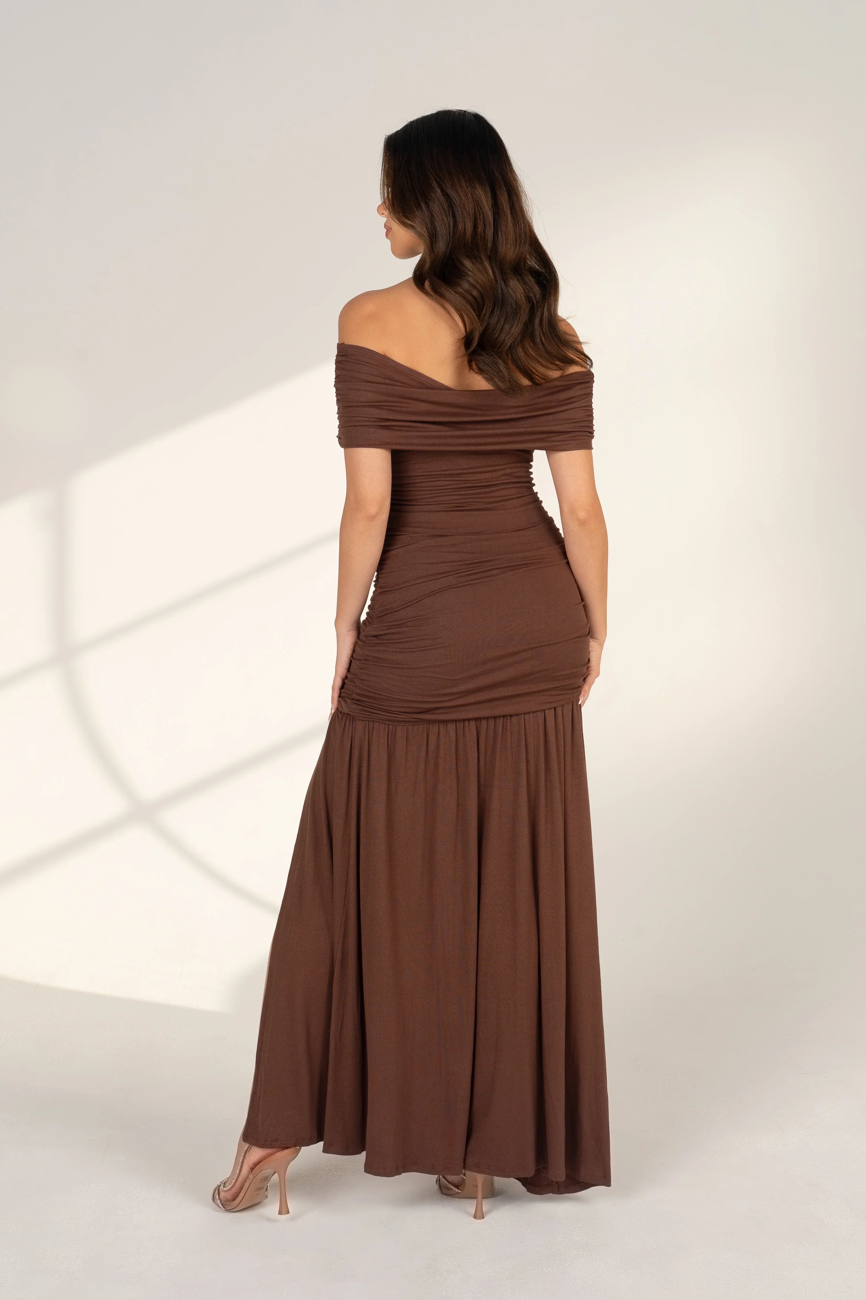 Marceline Off-Shoulder Chocolate Maxi Dress