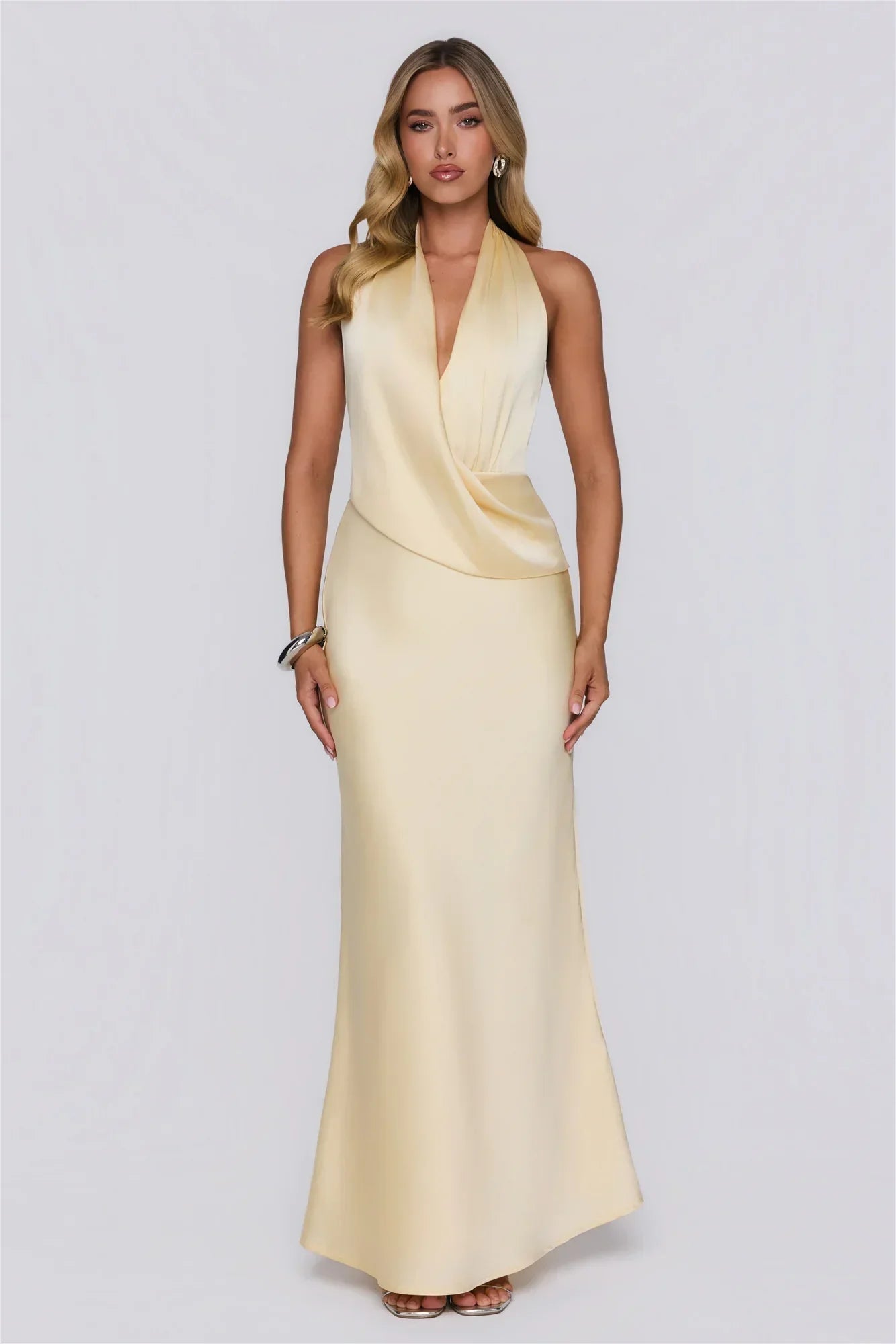 Pastel Horizons Halter Satin Maxi Dress Yellow