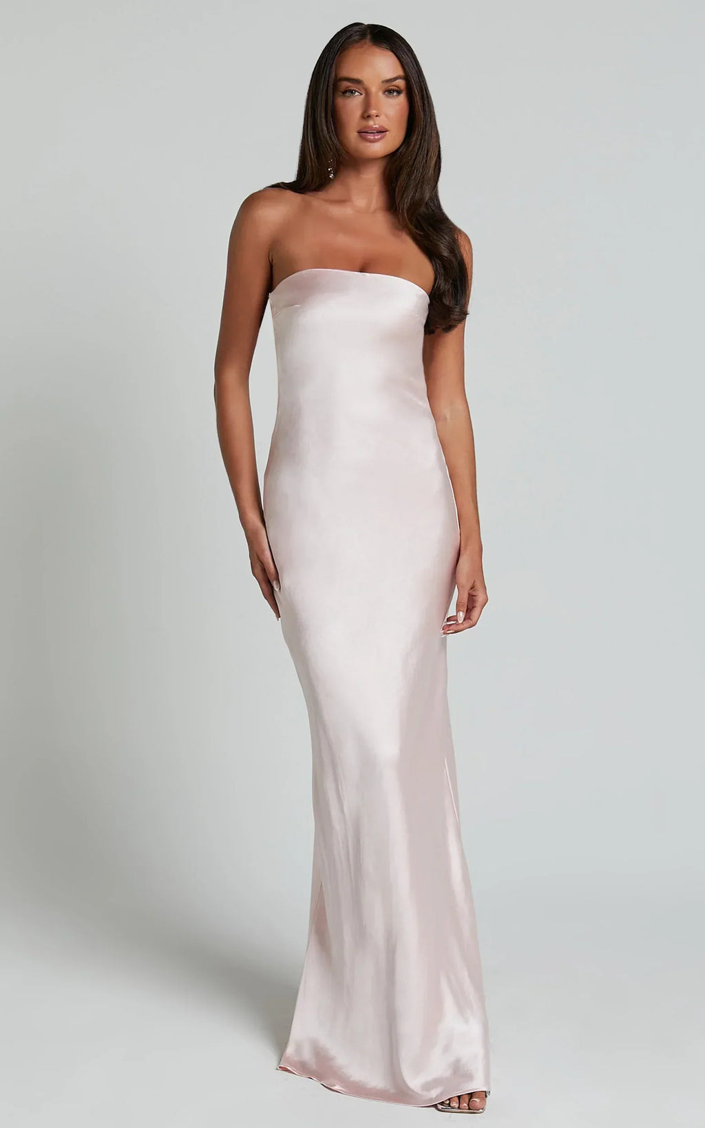 Charlita Maxi Dress - Strapless Cowl Back Satin Dress In Pale Pink