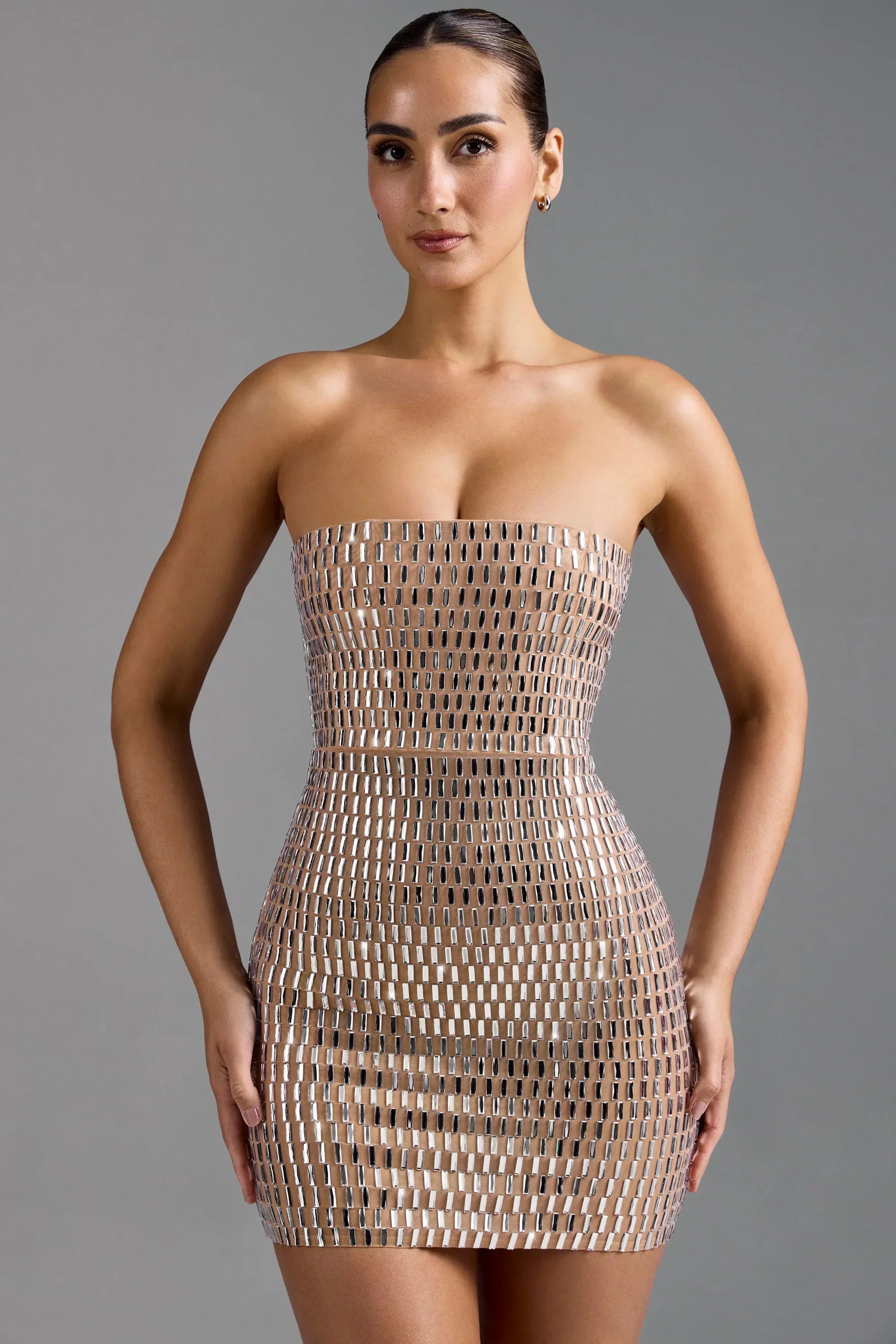 Embellished Bandeau Mini Dress In Almond