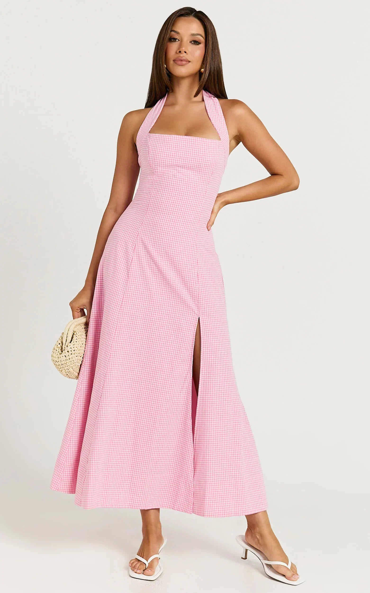 Narissa Midi Dress - Halter A Line Dress In Pink Gingham