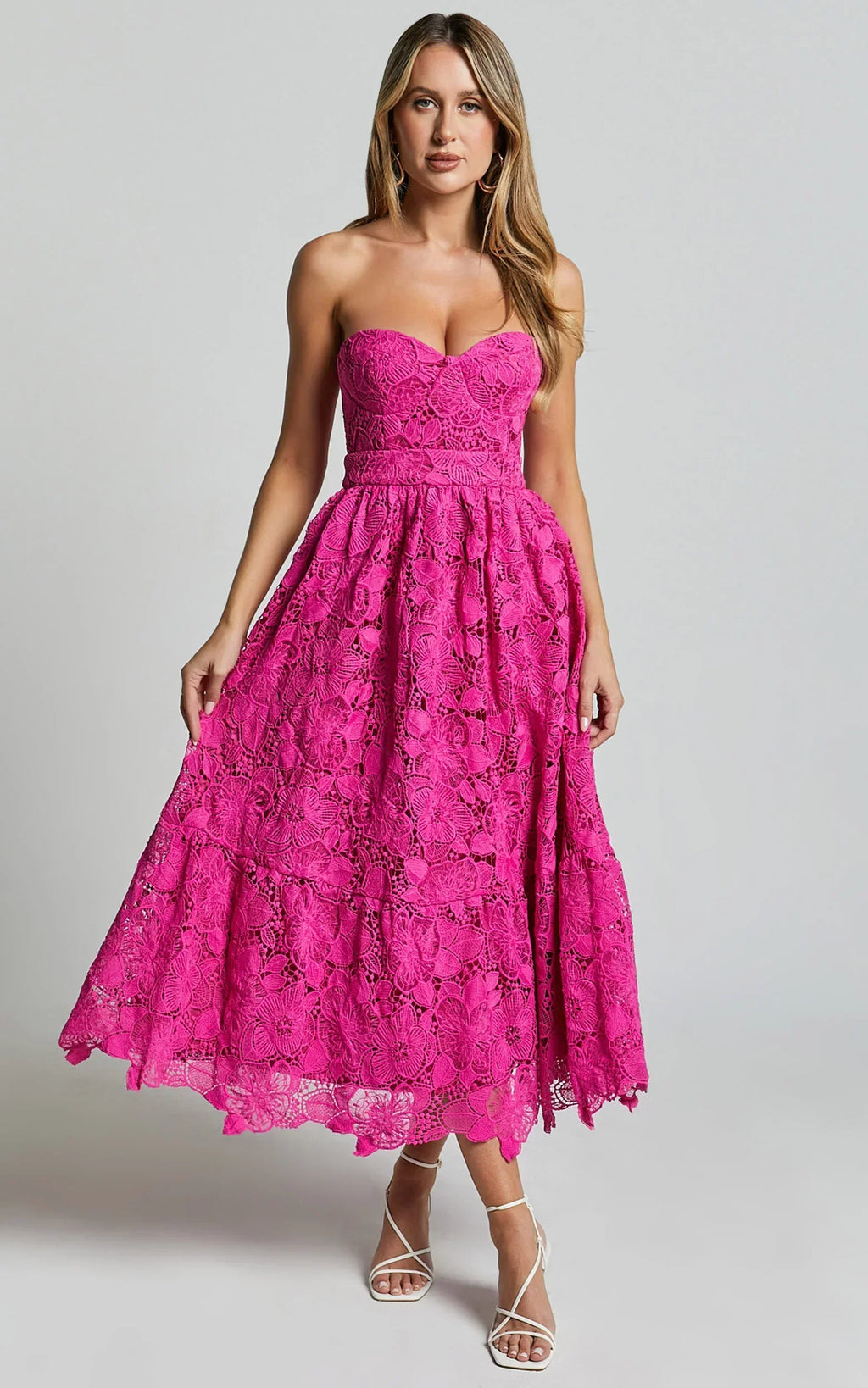 Gabriela Midi Dress - Strapless Lace Dress In Magenta