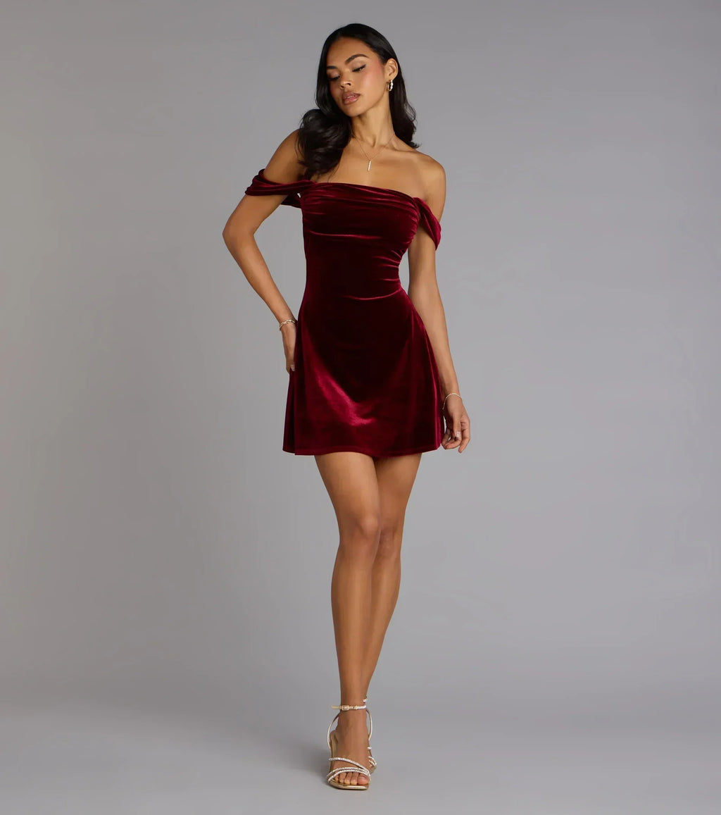 Flirty And Chic Velvet Off-The-Shoulder Mini Dress