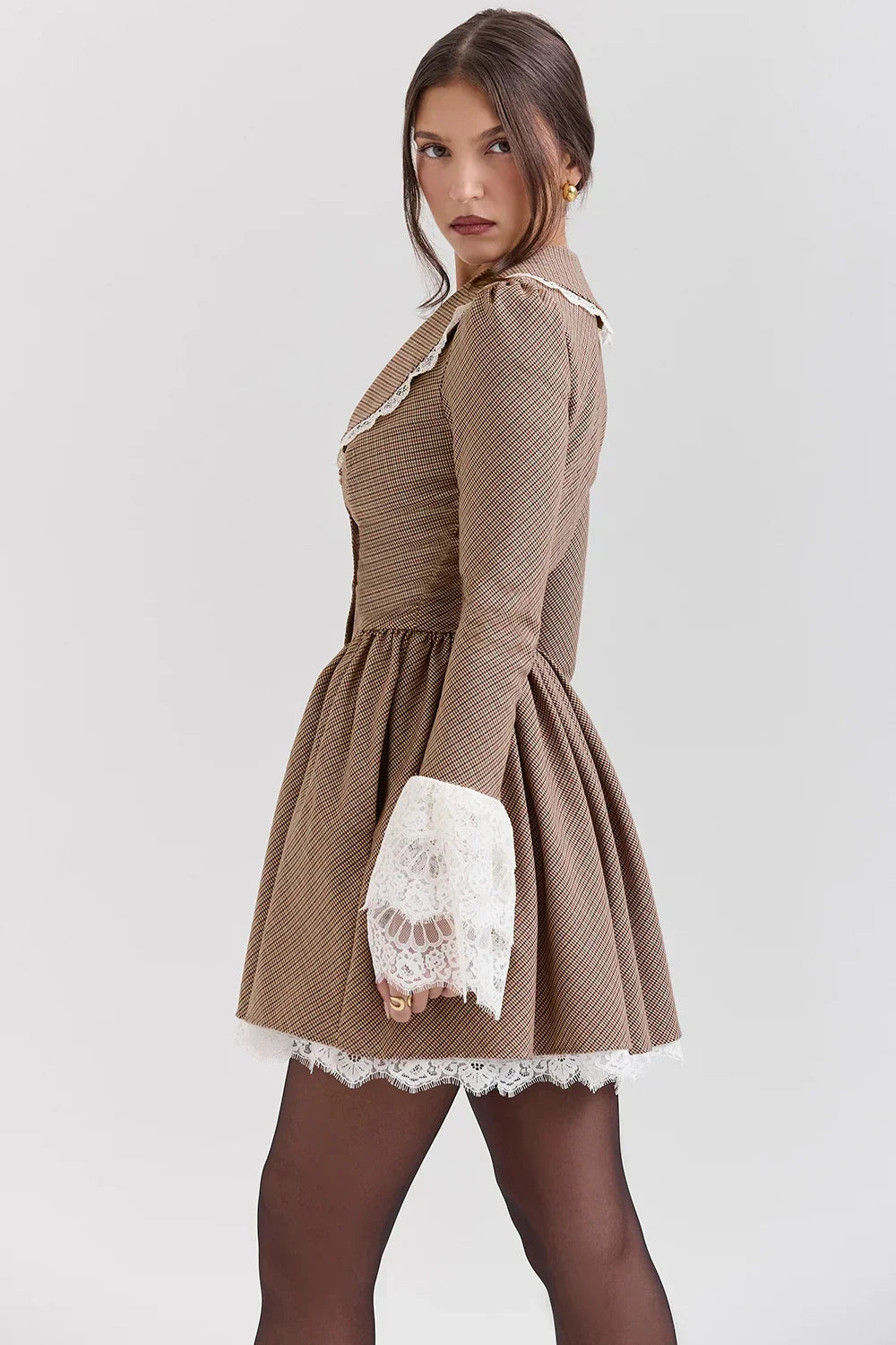Sable-Brown Puppytooth Check Mini Dress - Sale