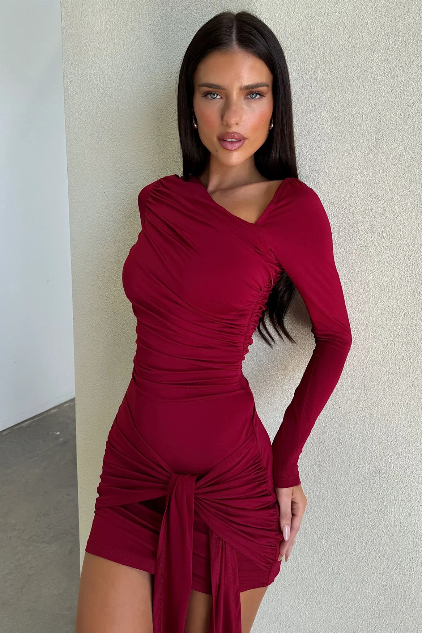 Mabel Long Sleeve Wrap Mini Dress - Burgundy