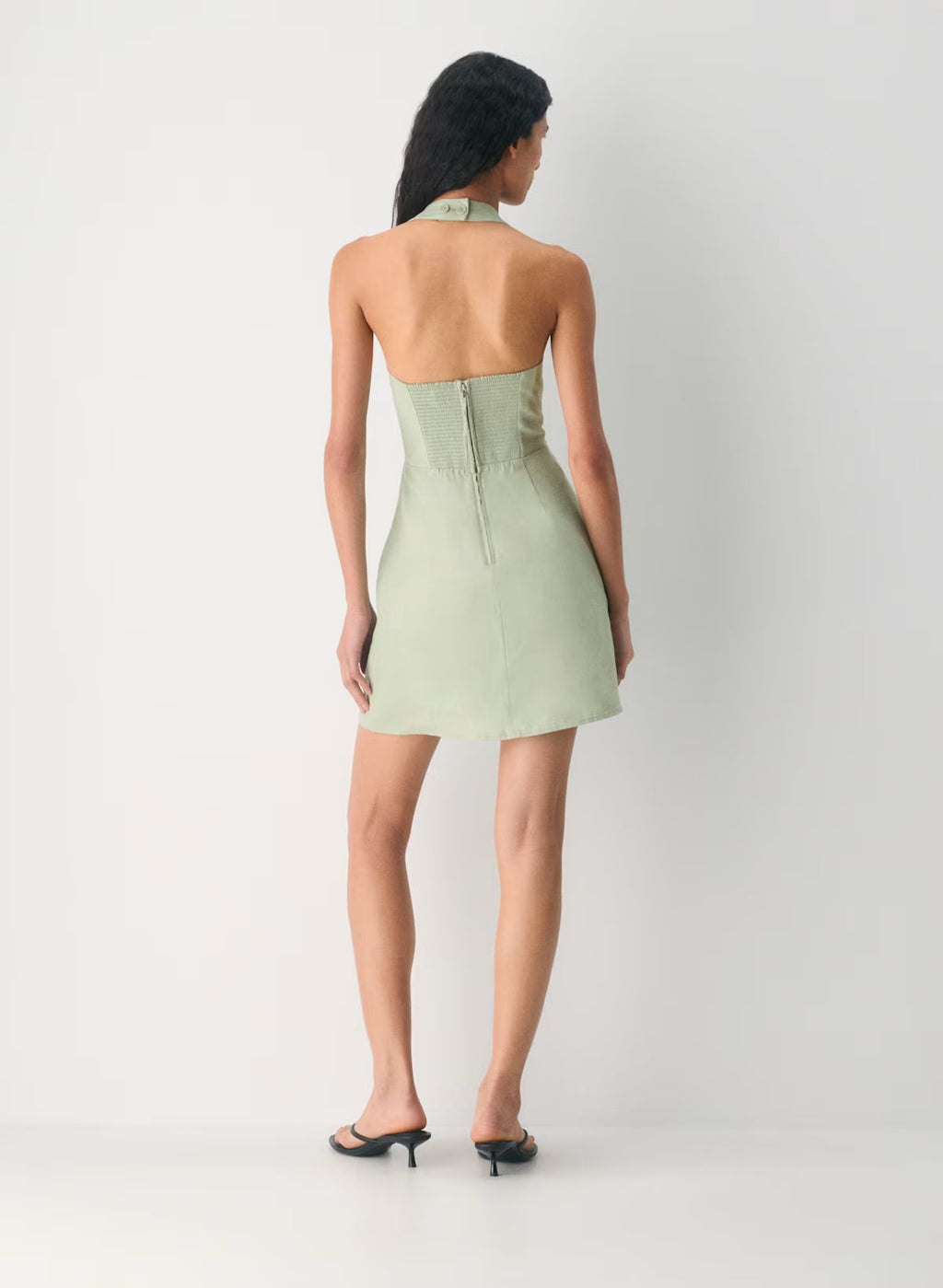 Organic Linen Halter Mini Dress-Silver Sage Green