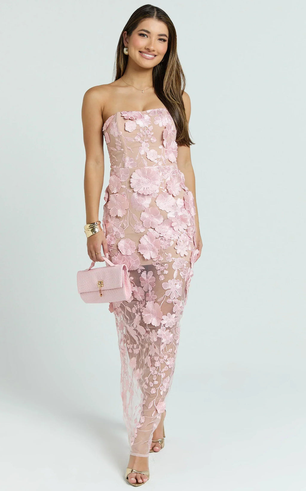 Sienna Maxi Dress - 3D Floral Strapless Column Dress In Pink