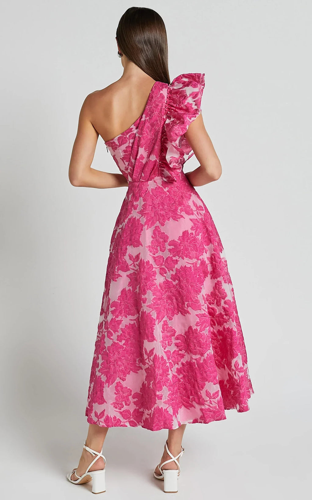 Alfreda Midi Dress - One Shoulder Ruffle Detail Brailey Jacquard Dress In Pink