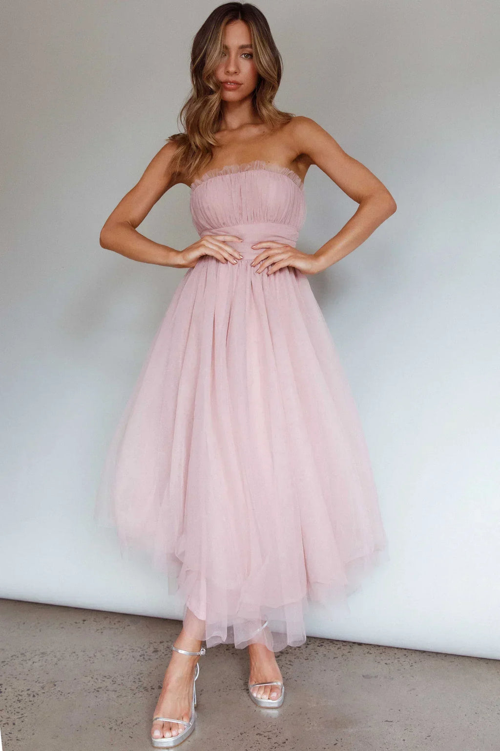 Fayette Strapless Mesh Midi Dress Blush