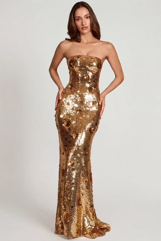 3D Embellished Bandeau Maxi Dress In Gold