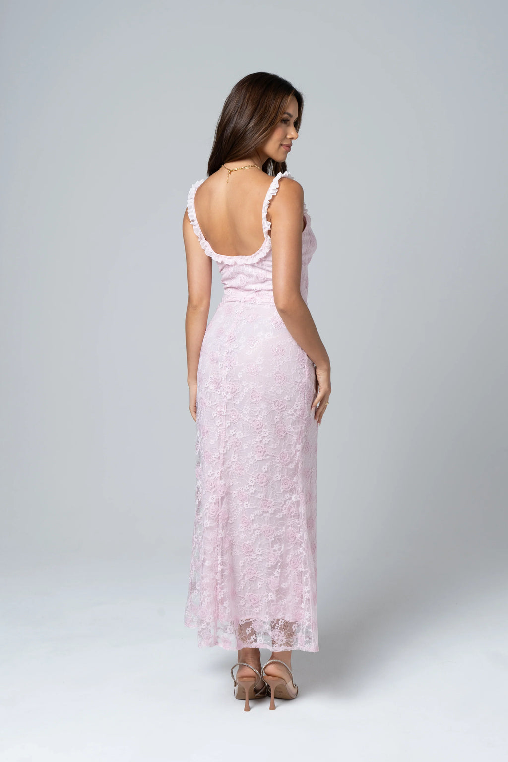 Clarissa Pink Floral Lace Midi Dress