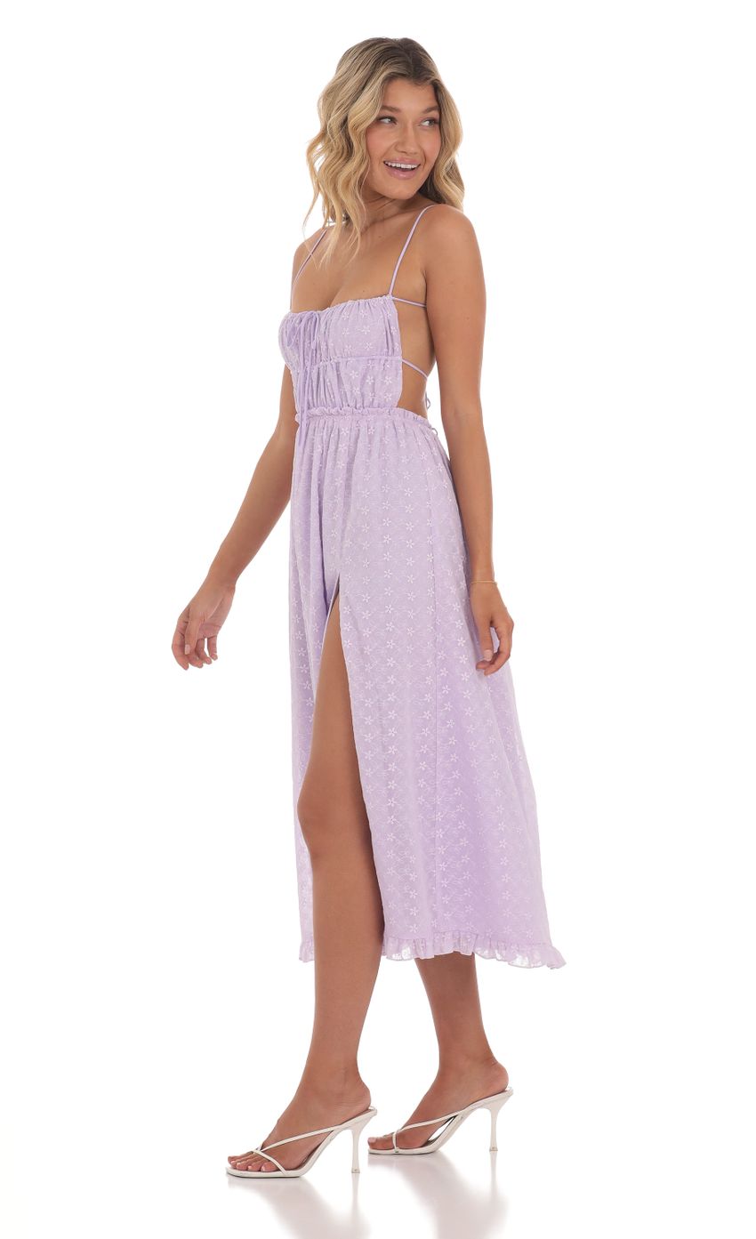 Floral Embroidered Open Back Midi Dress in Lavender