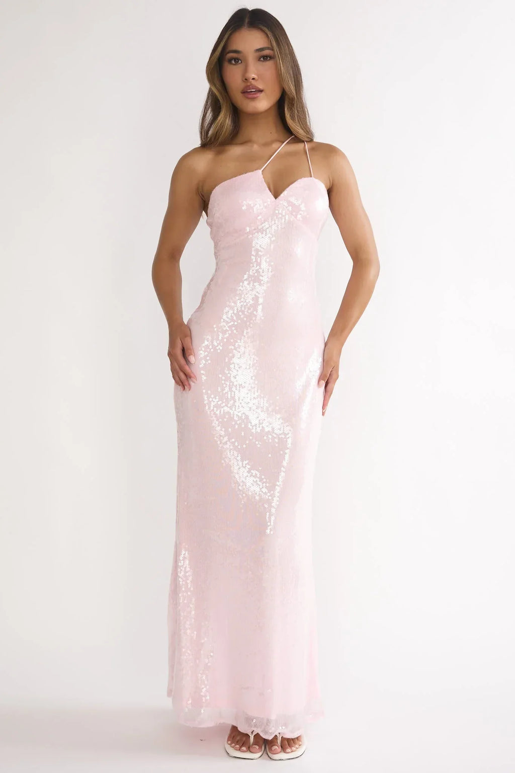 Roselyn One Shoulder Sequin Maxi Dress Pink