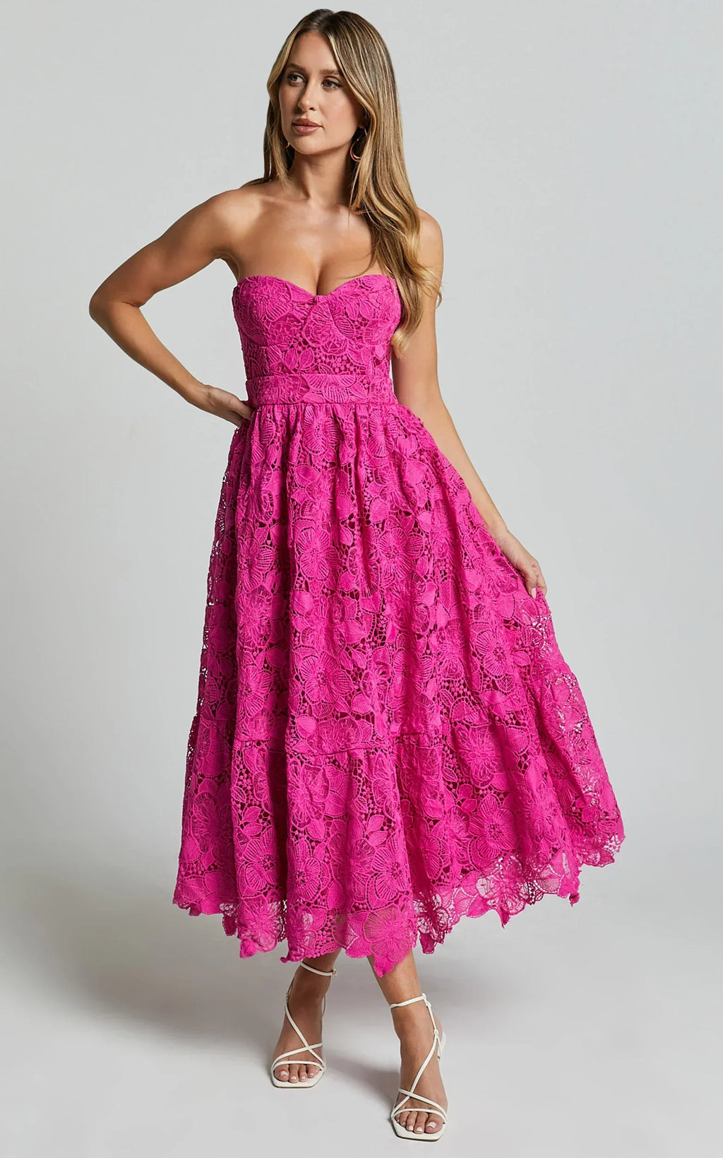 Gabriela Midi Dress - Strapless Lace Dress In Magenta