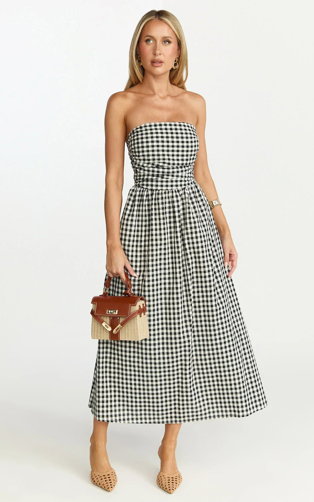 Polly Midi Dress - Strapless Ruched Dress In Black Check