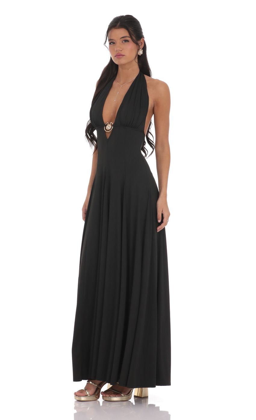 Shell Embellished Plunge Neck Maxi Dress in Black