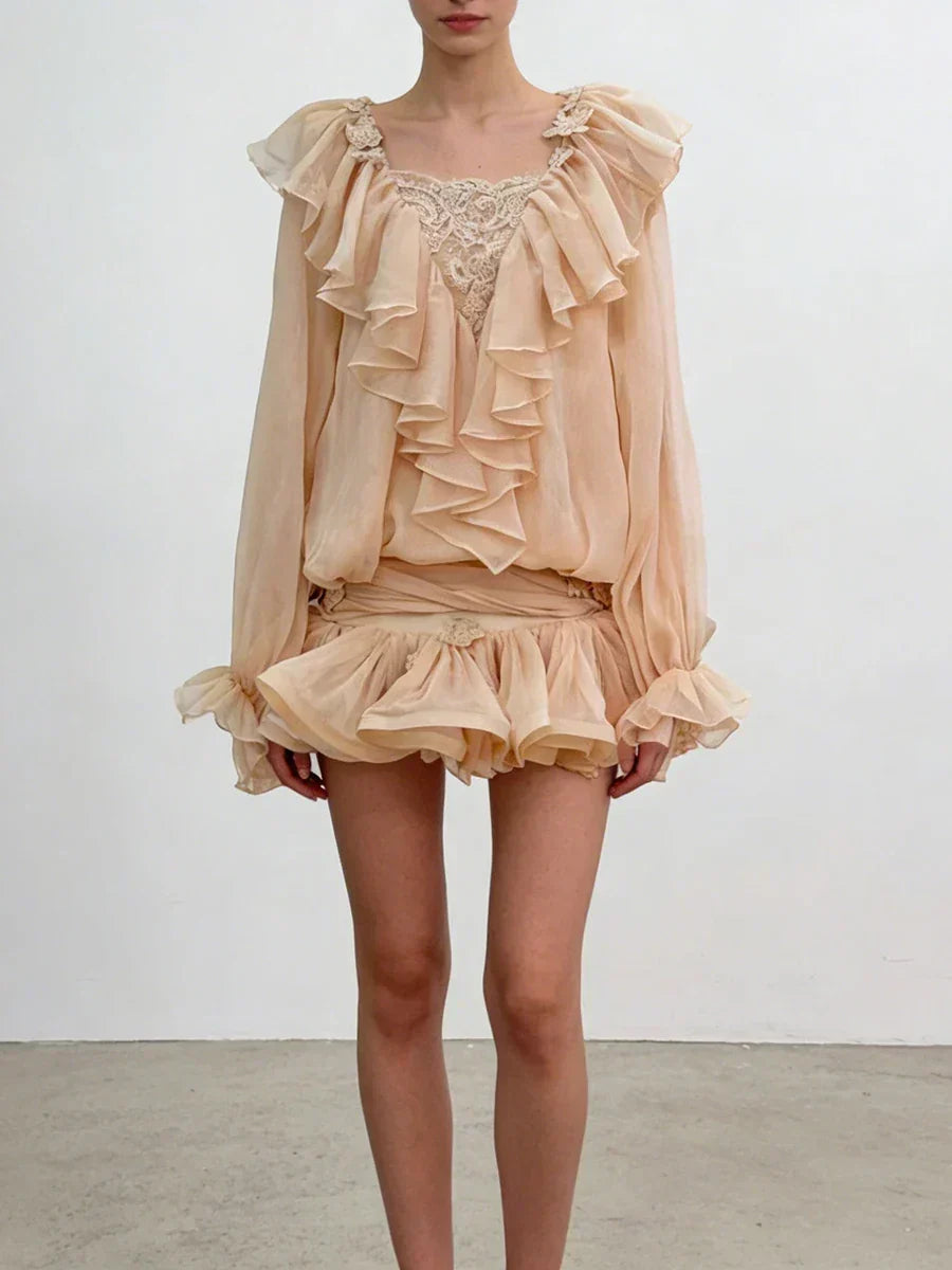 Ruffles Long Sleeve Mesh Mini Dress