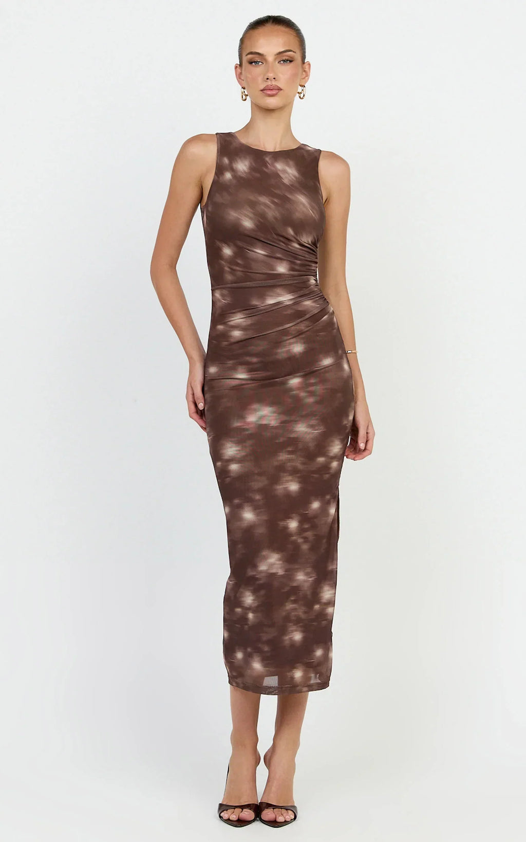 Loralie Midi Dress - Mesh High Neck Bodycon Dress In Chocolate Blurred Print