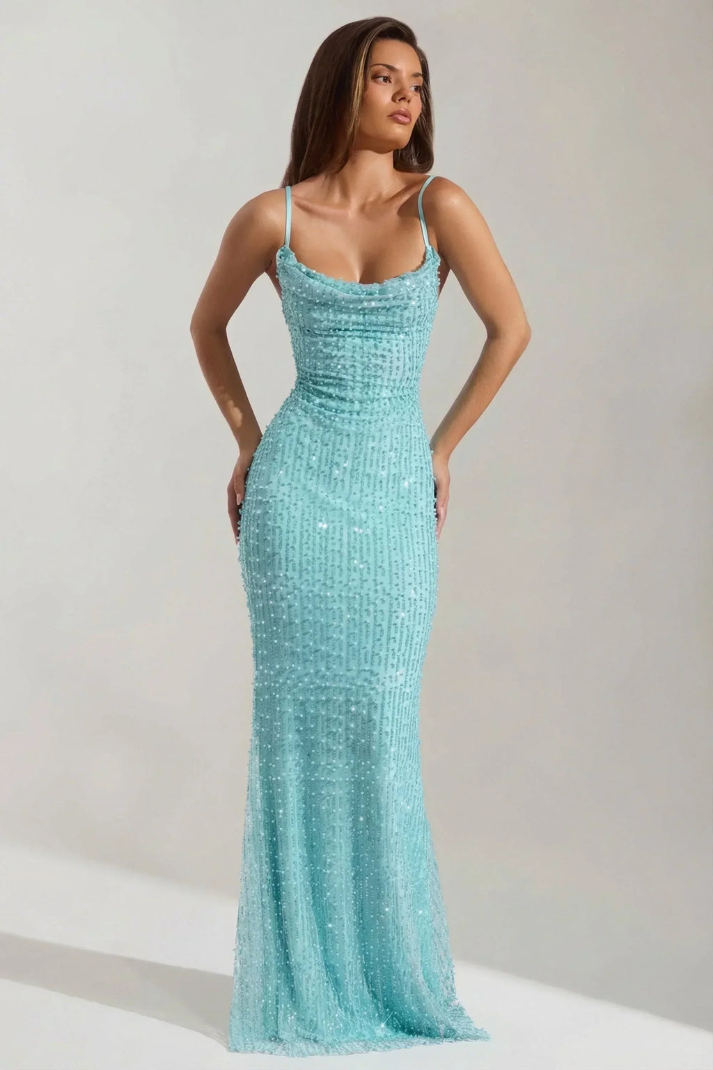 Embellished Cowl-Neck Backless Maxi Dress in Aqua Blue