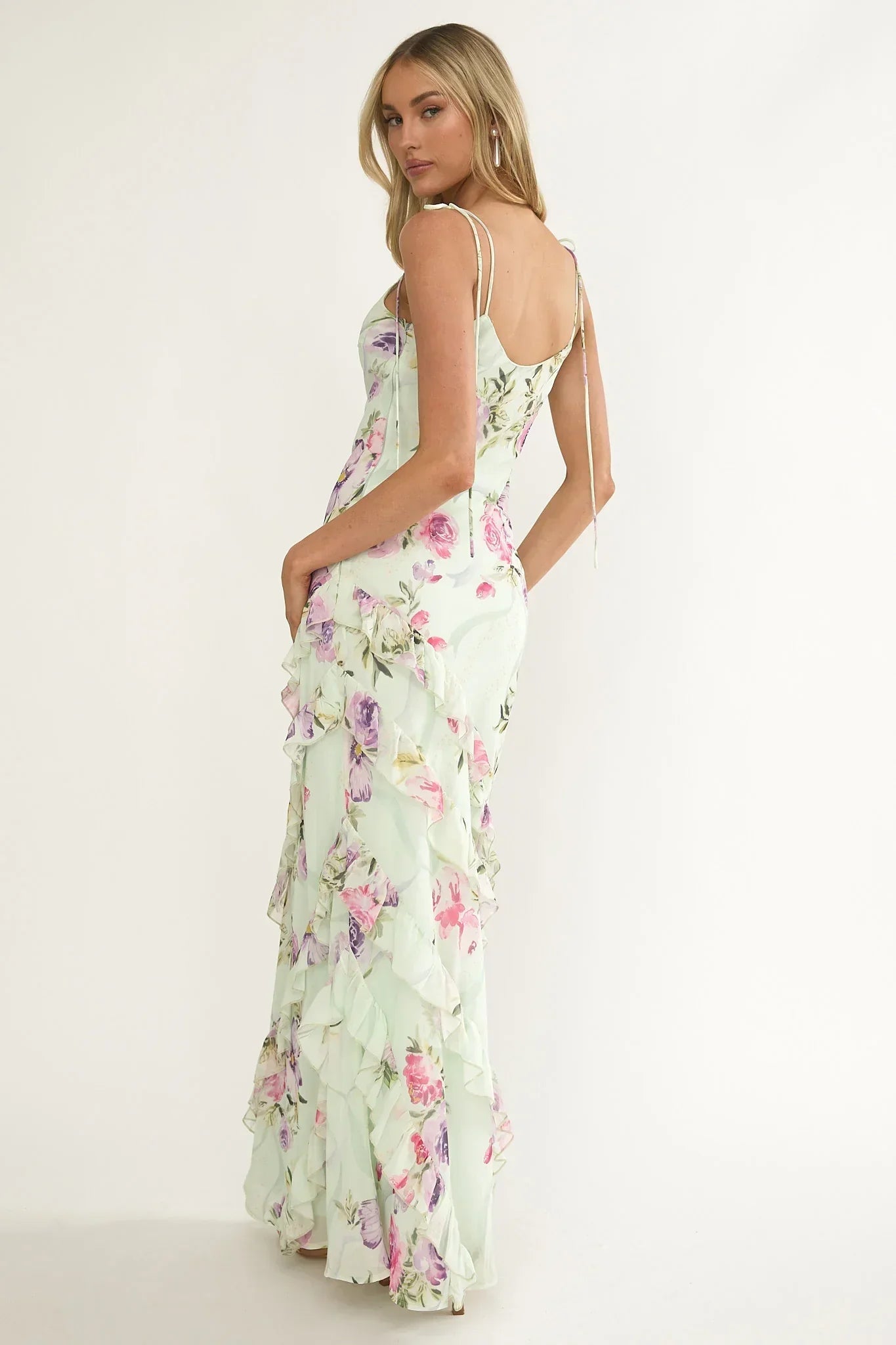 Dreamy Day Ruffle Trim Maxi Dress Mint Floral