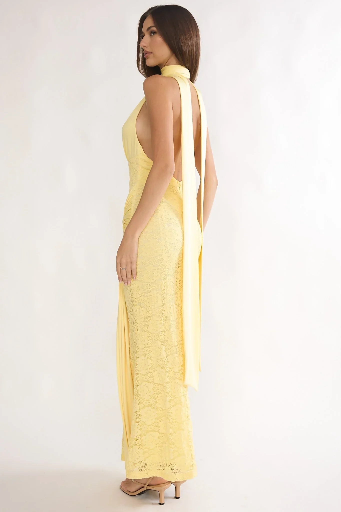 Adair Halterneck Waist Sash Maxi Dress Lace Butter
